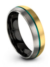 Simple Wedding Ring Tungsten Teal Line Ring 18K Yellow Gold