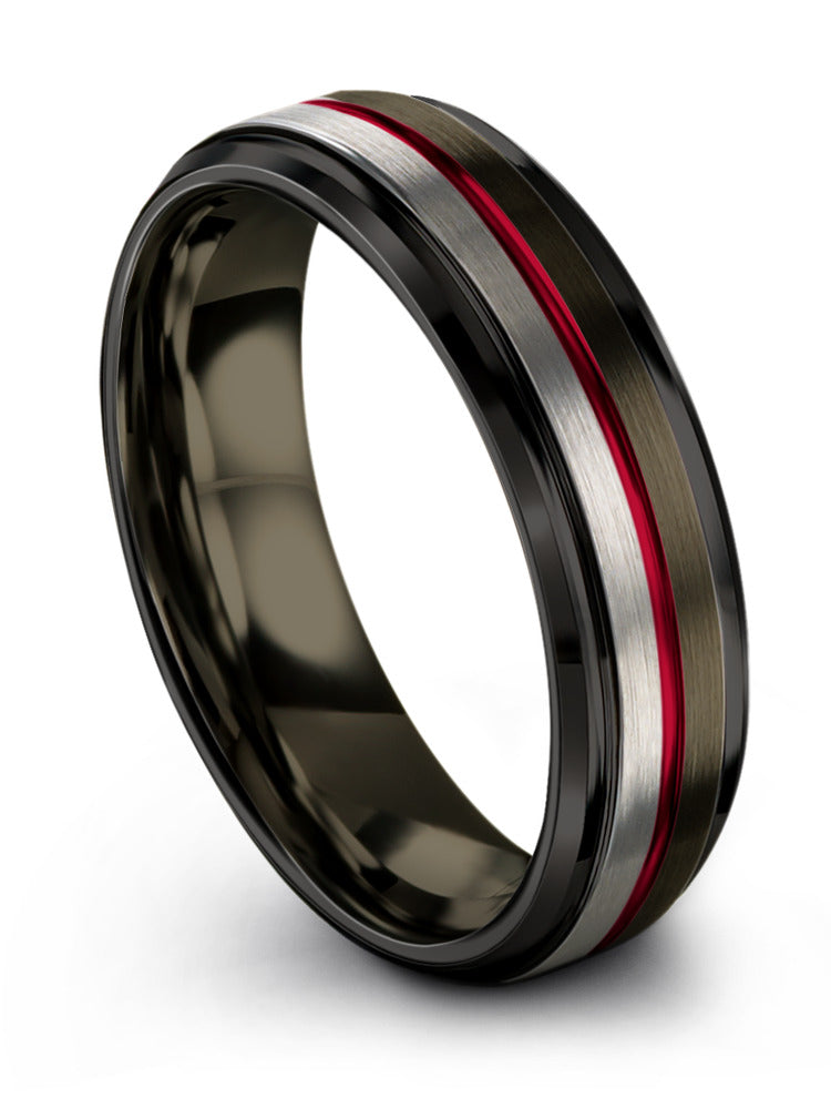 6mm Red Line Guy Wedding Bands Gunmetal and Red Tungsten