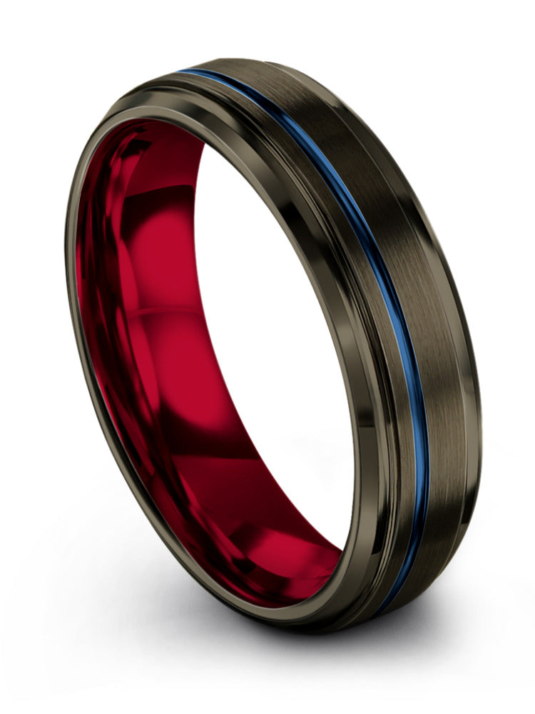 6mm Blue Line Wedding Bands Mens Gunmetal Tungsten Ring