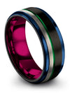 Black Men Wedding Ring Engraved Tungsten Green Line Band Matching Parents Close - Charming Jewelers
