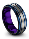 Guys 8mm Blue Line Wedding Band Grey Plated Tungsten Band for Guys Grey Her - Charming Jewelers